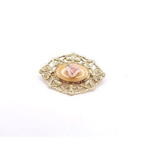 Vintage Style Gold Filigree Rose Brooch Pink Floral Pin